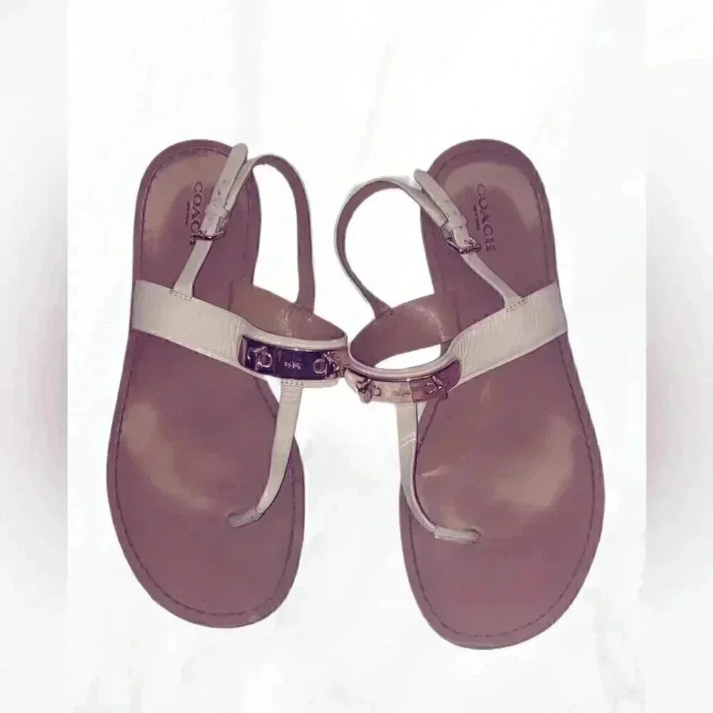 Coach "Cassidy" cream and gold metal buckle thong flat sandals 8